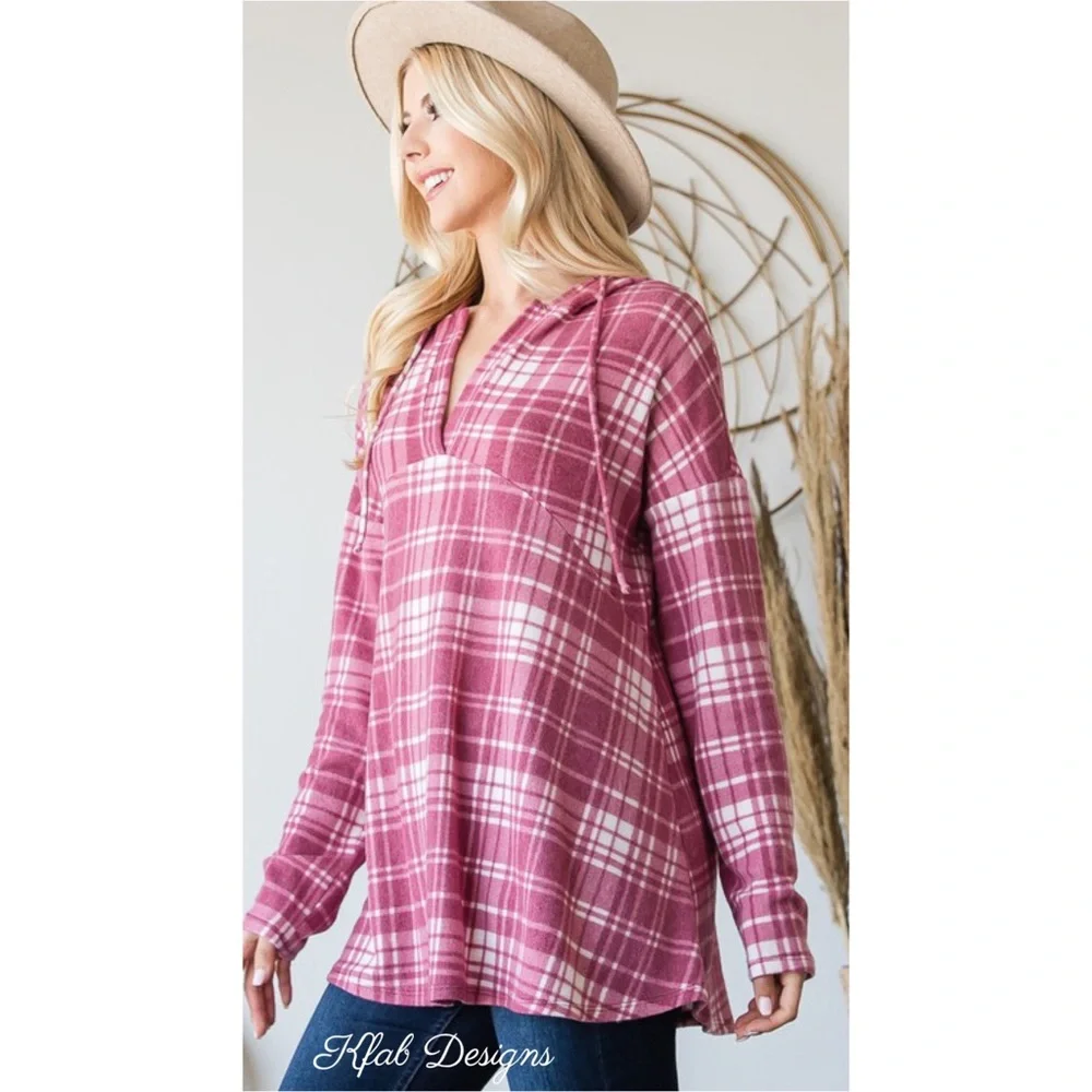❤️LAST 1! V Neck Soft Check Print Relaxed Fit Hoodie! - Picture 6 of 8